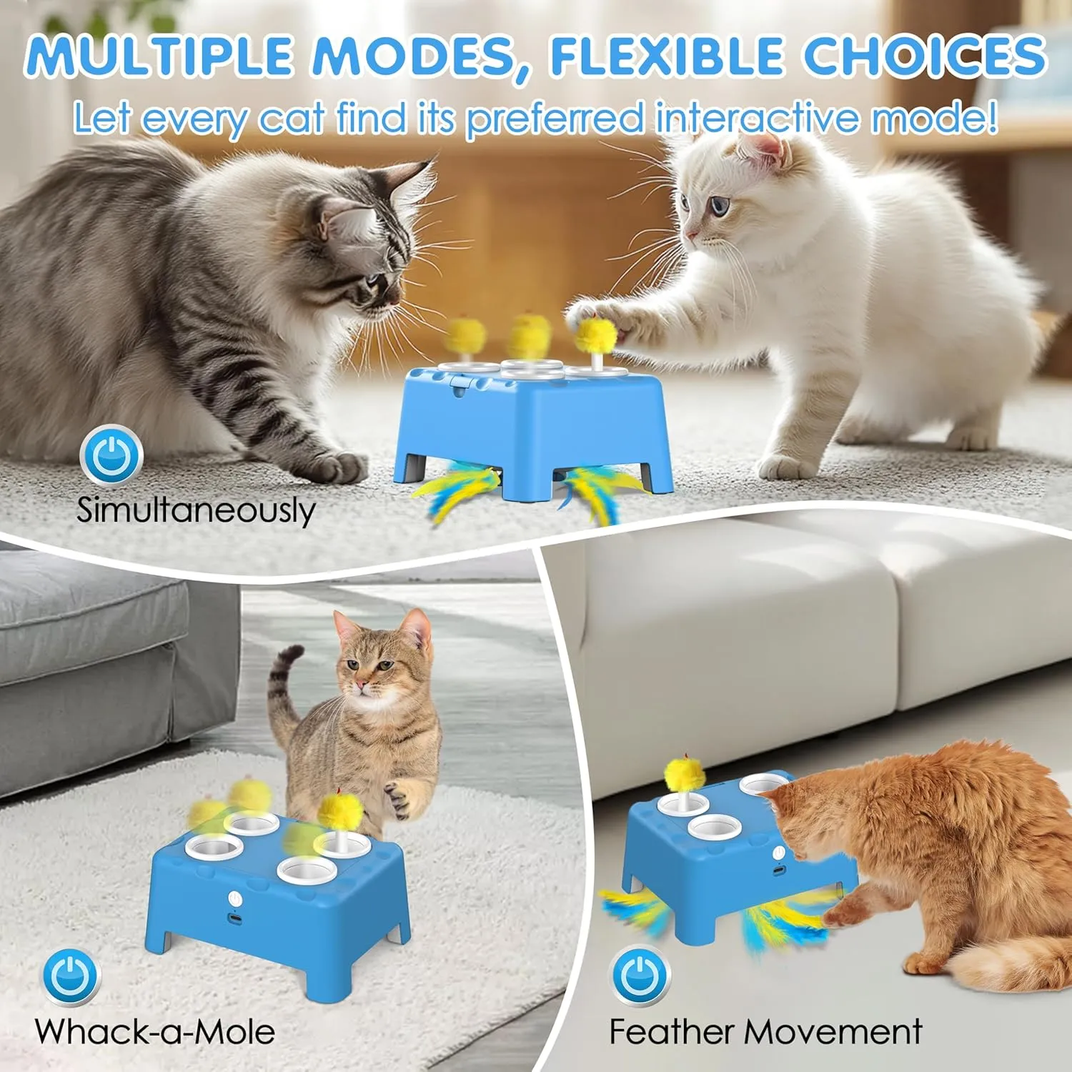 2 in1 Automatic Interactive Cat Toys for Indoor Cats, 4 Holes Mice Whack a Mole Cat Mouse Toy with Moving Feather, Rechargeable USB Power Kitten Feather Toys for All Breeds (Blue)