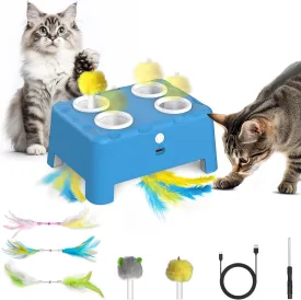 2 in1 Automatic Interactive Cat Toys for Indoor Cats, 4 Holes Mice Whack a Mole Cat Mouse Toy with Moving Feather, Rechargeable USB Power Kitten Feather Toys for All Breeds (Blue)