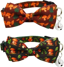 2 Pack Breakaway Cat Collar with Removable Bowtie and Bell Forest Style Safe Adjustable Mushroom Pattern Kitten Collars Green and Brown