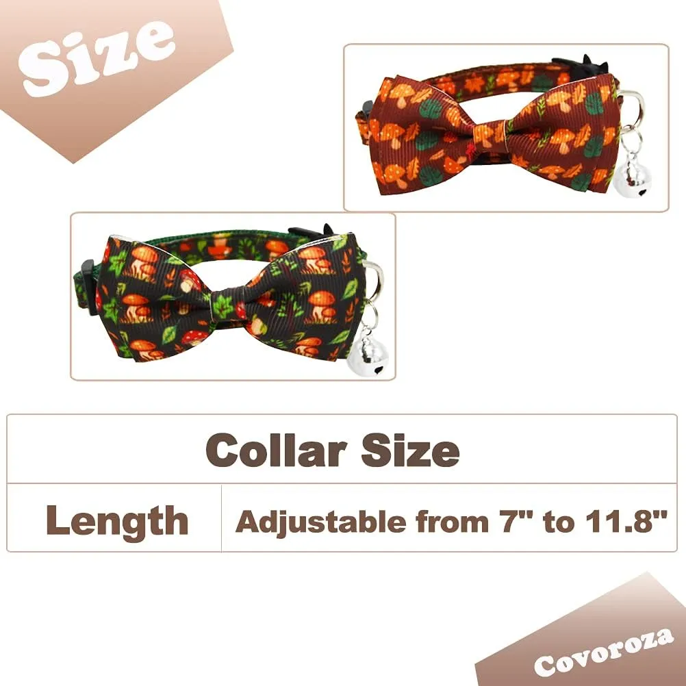 2 Pack Breakaway Cat Collar with Removable Bowtie and Bell Forest Style Safe Adjustable Mushroom Pattern Kitten Collars Green and Brown