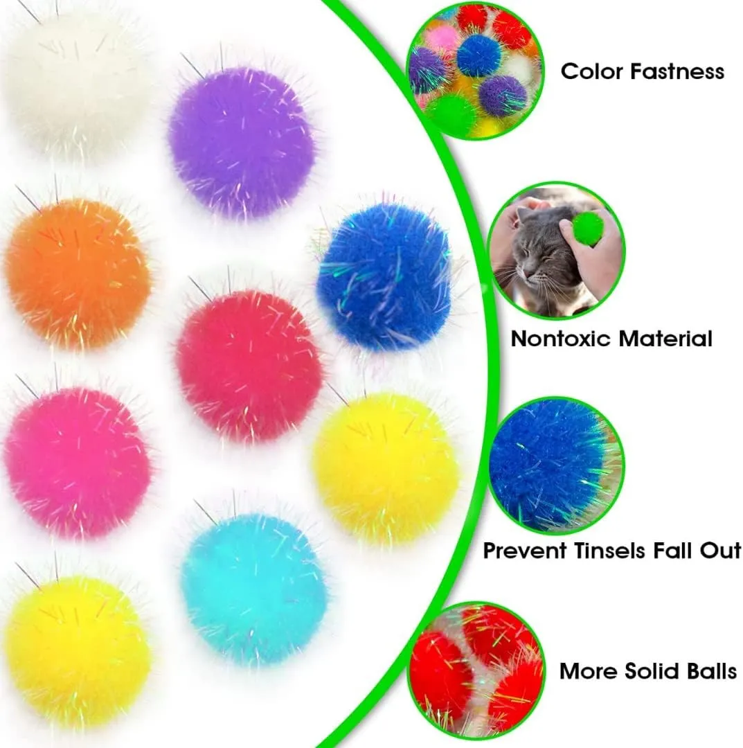 20 Pieces Sparkle Pom Pom Balls for Cat - Interactive Glitter Balls, Multicolor, Size of 1.6 inches, Best as Kitten Play Toys