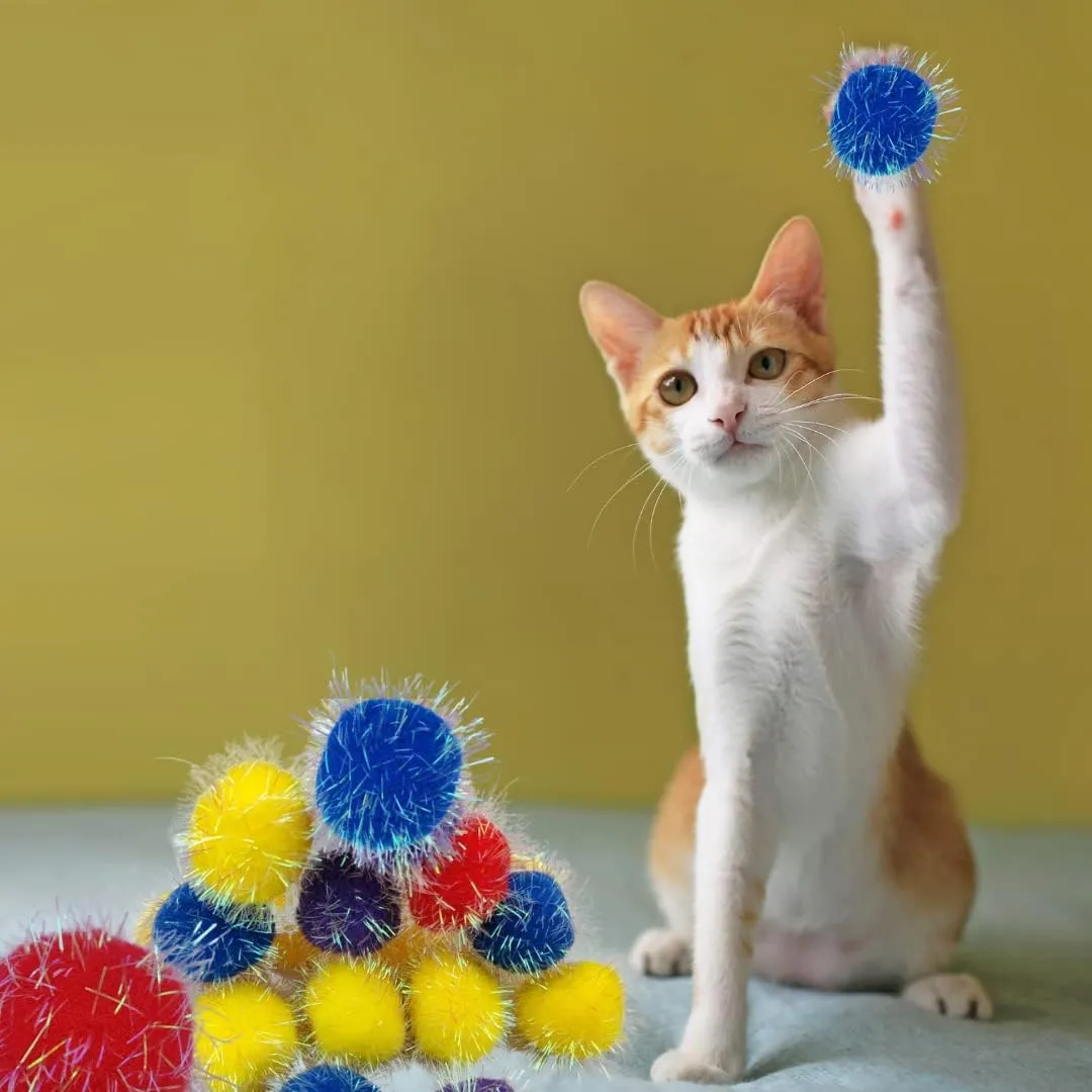 20 Pieces Sparkle Pom Pom Balls for Cat - Interactive Glitter Balls, Multicolor, Size of 1.6 inches, Best as Kitten Play Toys