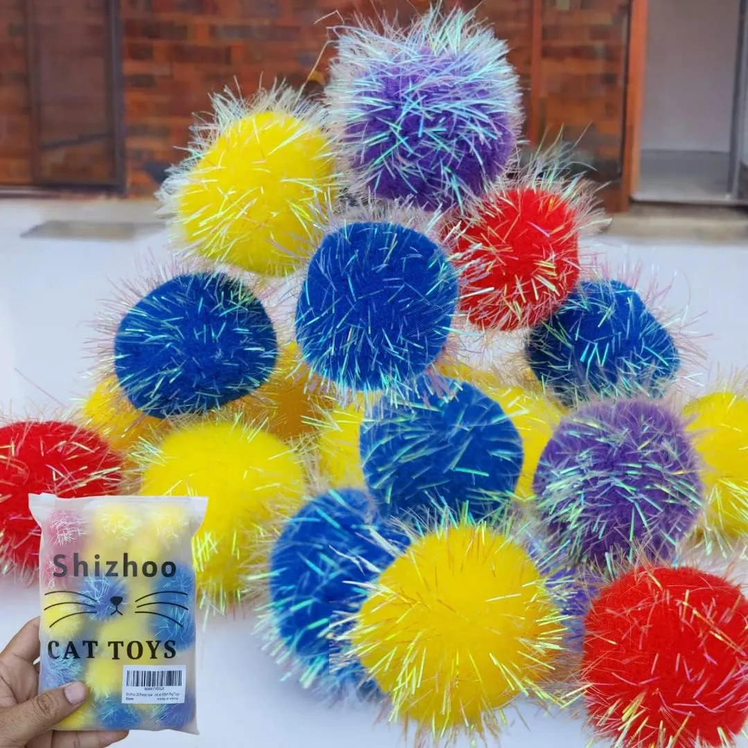 20 Pieces Sparkle Pom Pom Balls for Cat - Interactive Glitter Balls, Multicolor, Size of 1.6 inches, Best as Kitten Play Toys