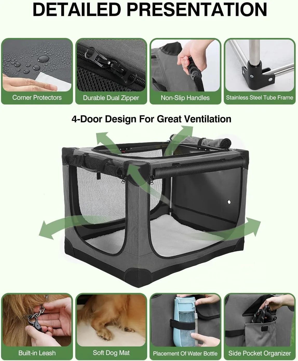 42 Inch Collapsible Travel Dog Crate for Medium Large Dogs, Portable Dog Crate 4-Door Foldable Soft Kennel with Chew-Proof Mesh Windows for Indoor & Outdoor Travel,with Storage Bag,Grey