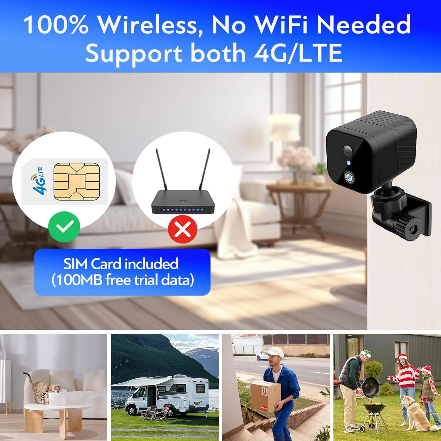 4G LTE Cellular Security Camera, Small 2K HD Wireless No WiFi Needed IR Night Vision PIR Motion Detection 90-Day Battery Life Portable Compact Mini Camera Built-in Sim Card