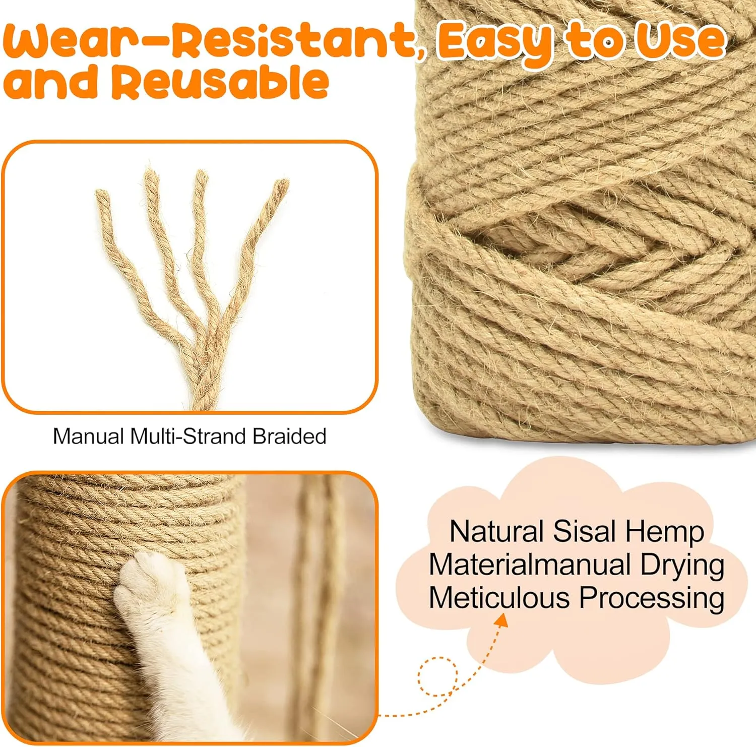 98FT/30M Cat Scratching Sisal Rope, 6mm Thick Natural Jute Rope for Scratch Posts, Cat Trees, DIY Projects, Sisal Rope for Scratcher with 2 Mouse Toys (Natural, 98ft)
