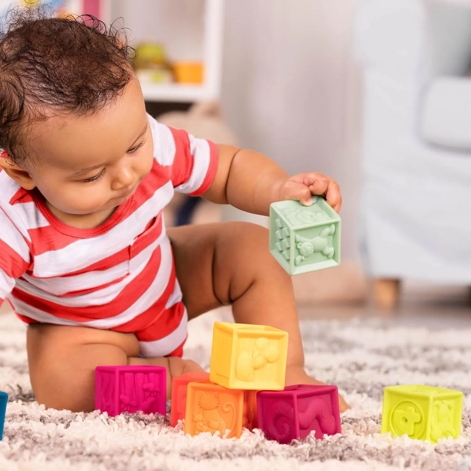 B. toys- B. baby  Baby Blocks  Stacking & Building Toys For Babies  10 Soft Blocks With Numbers, Shapes, Animals  Educational & Developmental  6 Months    One Two Squeeze