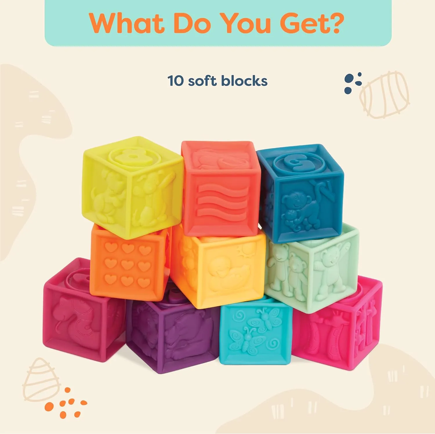 B. toys- B. baby  Baby Blocks  Stacking & Building Toys For Babies  10 Soft Blocks With Numbers, Shapes, Animals  Educational & Developmental  6 Months    One Two Squeeze