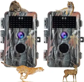 BLAZEVIDEO 2-Pack Trail Game Cameras 48MP 1296P Video No Glow Night Vision 110 Field of View Motion Activated IP66 Waterproof for Outdoor Wildlife Hunting, Animal Observation, Backyard Security