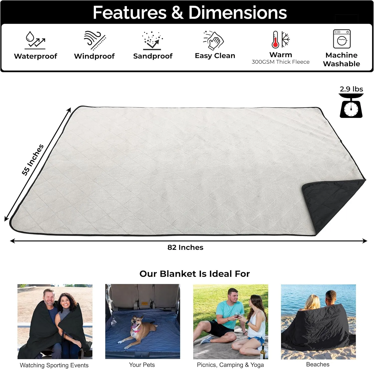 BRAWNTIDE Large Outdoor Waterproof Blanket - Extra Thick Fleece, Warm, Windproof, Sandproof, Quilted, 82" x 55", Ideal for Beaches, Picnics, Camping, Stadiums, Dogs, Car