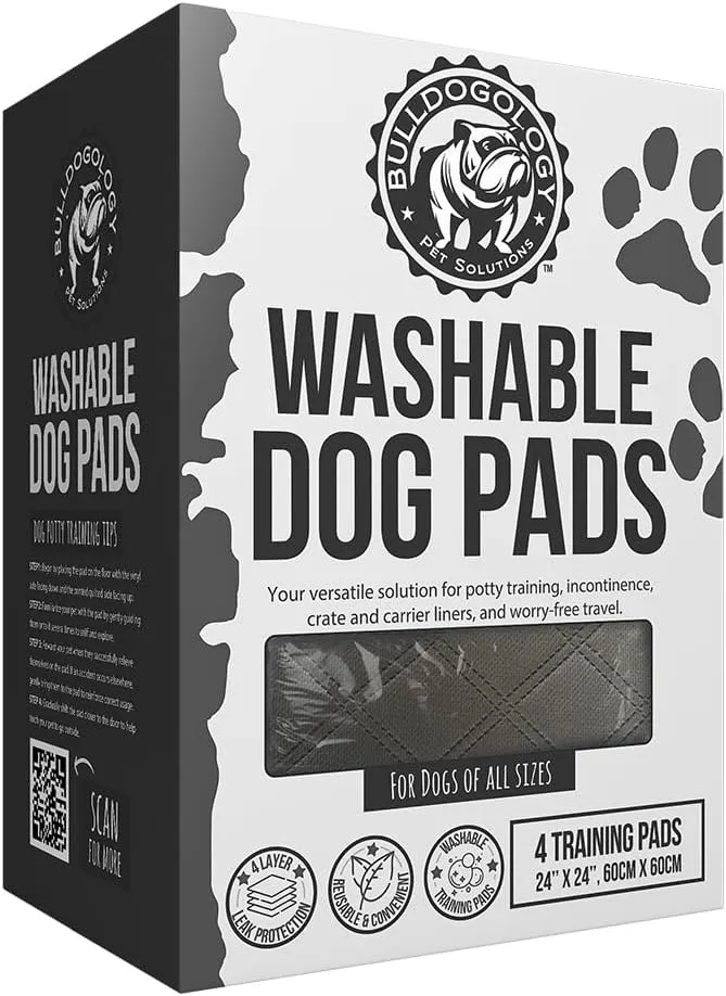 Bulldogology Premium Washable Pee Pads for Dogs, Reusable Puppy Pads, Waterproof Dog Mat, Dog Training Pads (24x24) 4-Pack