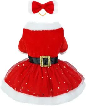 Christmas Pet Costume - Tulle Dress, Cat & Dog Clothes, Red Velvet Skirt, Santa Outfit, Xmas Coat (Small)