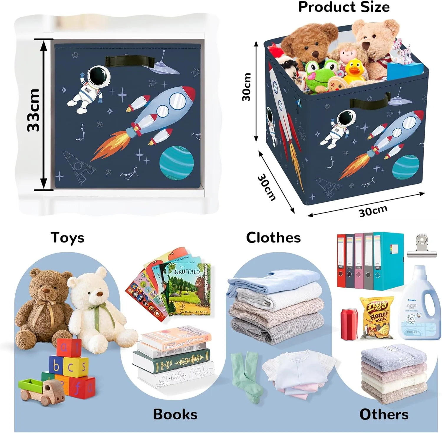 Clastyle 3 Pcs Space Kid Storage Cube Organizer Set Rocket Closet Clothes Cube Storage Bin Blue Nursery Toddler Toy Box Chest Astronaut Book Shelf Basket, 11.8 in