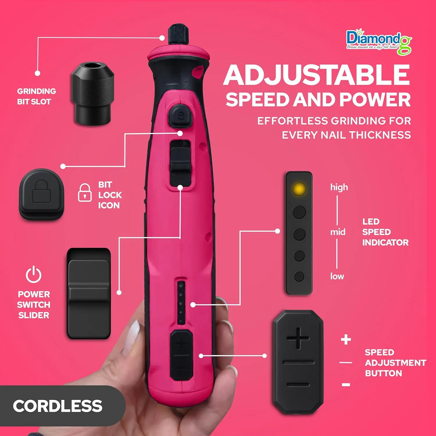 Diamondg Cordless Dog Nail Grinder with Quiet Sound & LED Tip for Large & Small Dogs, 4hrs. Runtime - Electric Dog Nail Trimmer, Heavy Duty Rotary Tool Alternative to Toenail Clippers & Filers
