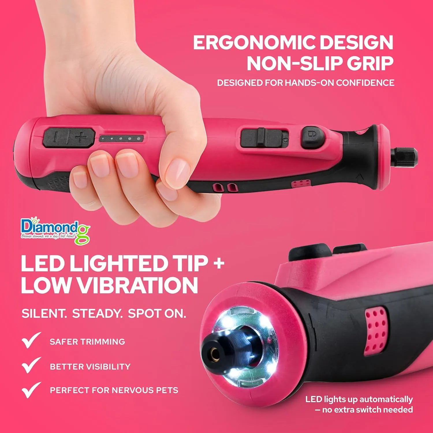 Diamondg Cordless Dog Nail Grinder with Quiet Sound & LED Tip for Large & Small Dogs, 4hrs. Runtime - Electric Dog Nail Trimmer, Heavy Duty Rotary Tool Alternative to Toenail Clippers & Filers