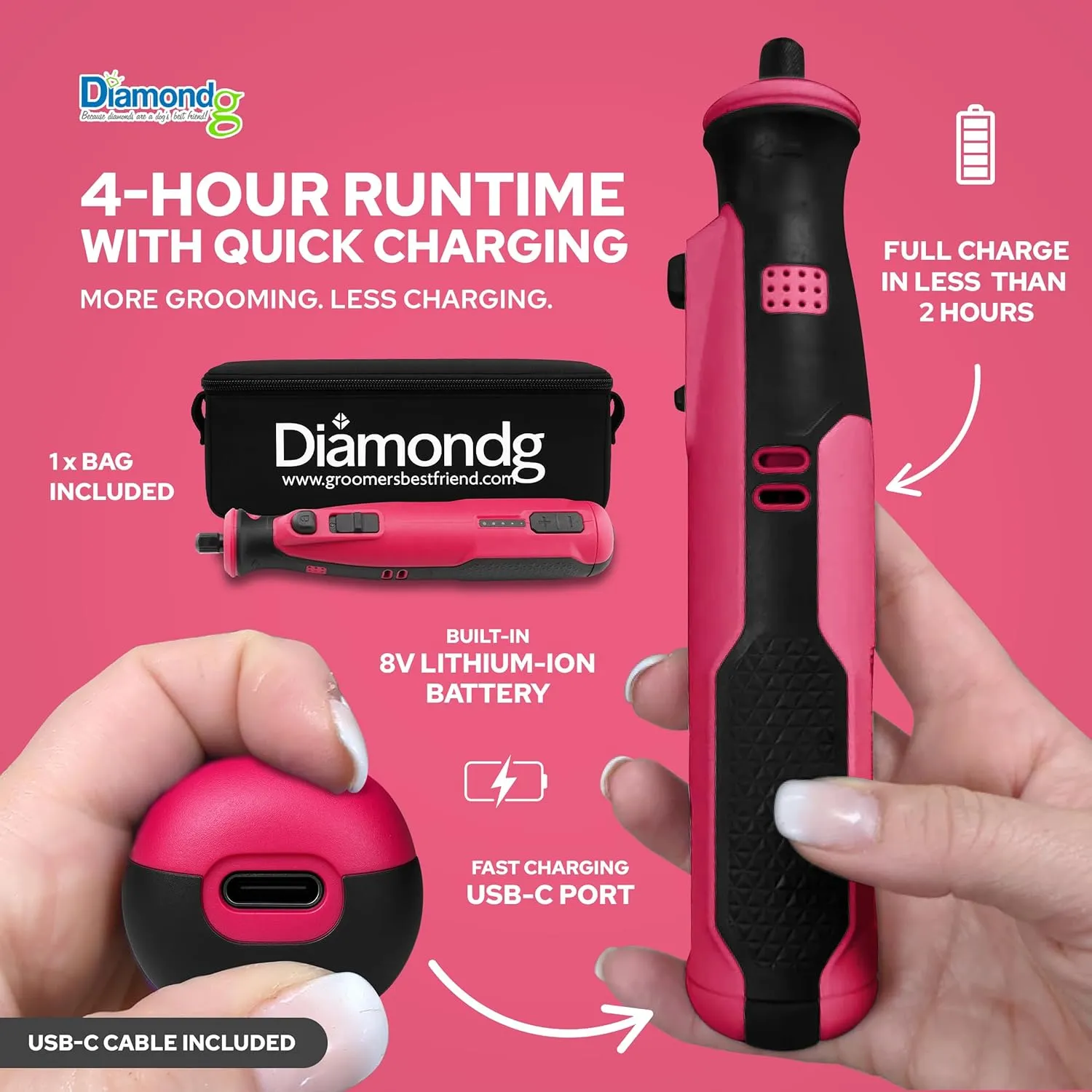 Diamondg Cordless Dog Nail Grinder with Quiet Sound & LED Tip for Large & Small Dogs, 4hrs. Runtime - Electric Dog Nail Trimmer, Heavy Duty Rotary Tool Alternative to Toenail Clippers & Filers