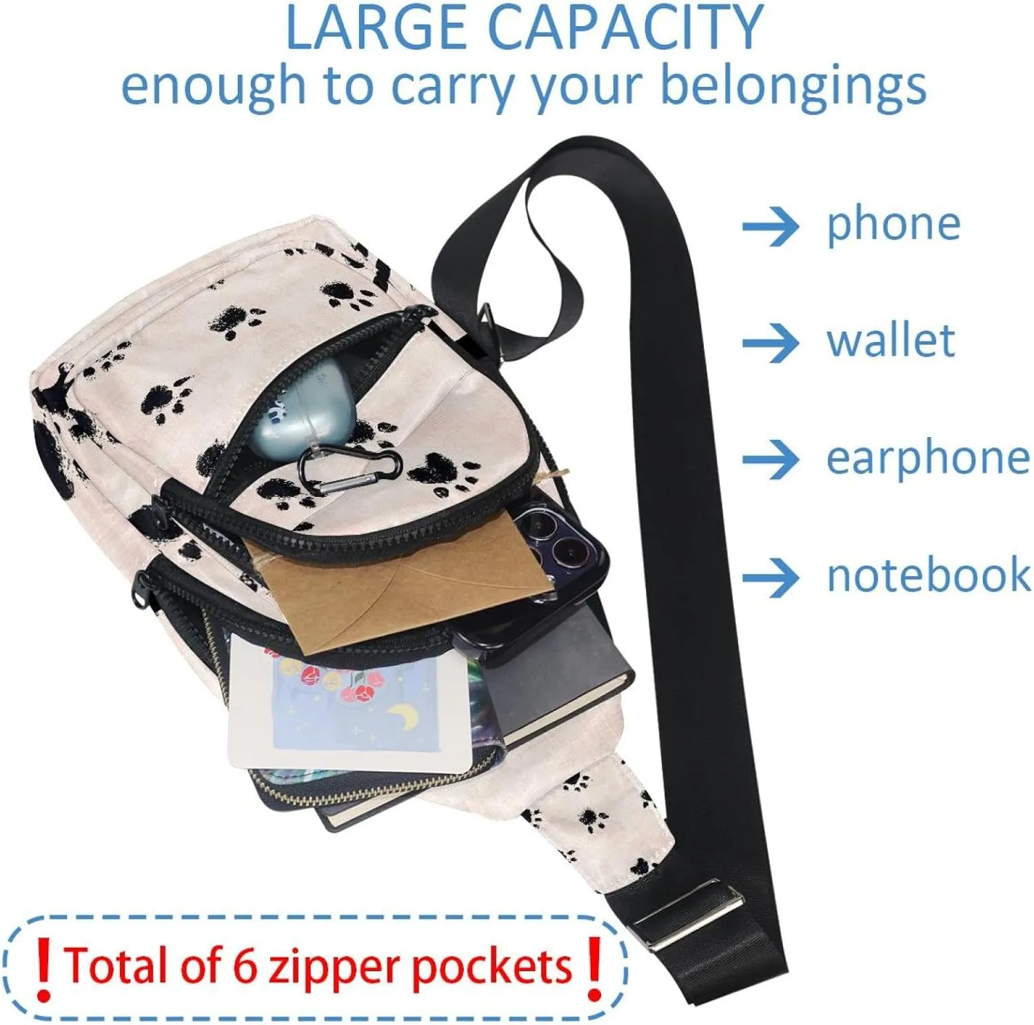 Dog Cat Paw Animal Footprint Crossbody Sling Backpack Sling Bag Travel Hiking Chest Bag Daypack