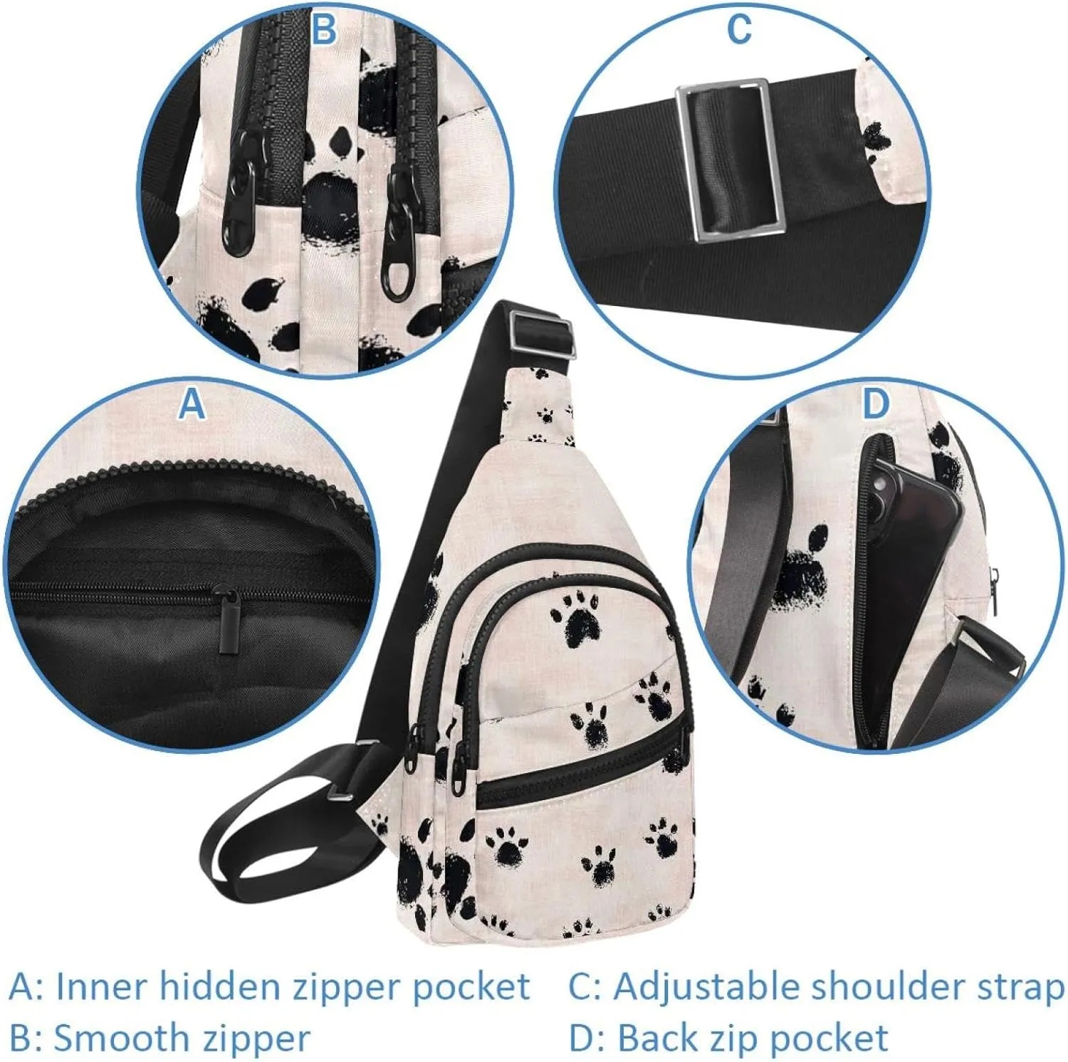 Dog Cat Paw Animal Footprint Crossbody Sling Backpack Sling Bag Travel Hiking Chest Bag Daypack