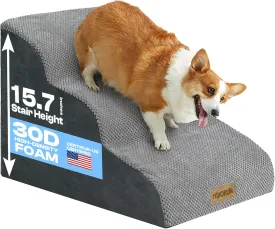 Dog Stairs Ramp for Bed and Couch Up to 17", Slope 3-Step Foam Steps for Pets to get on Sofa, Puppy Ladder with Washable Cover and Balanced Non-Slip Base, Ideal for Older Cats