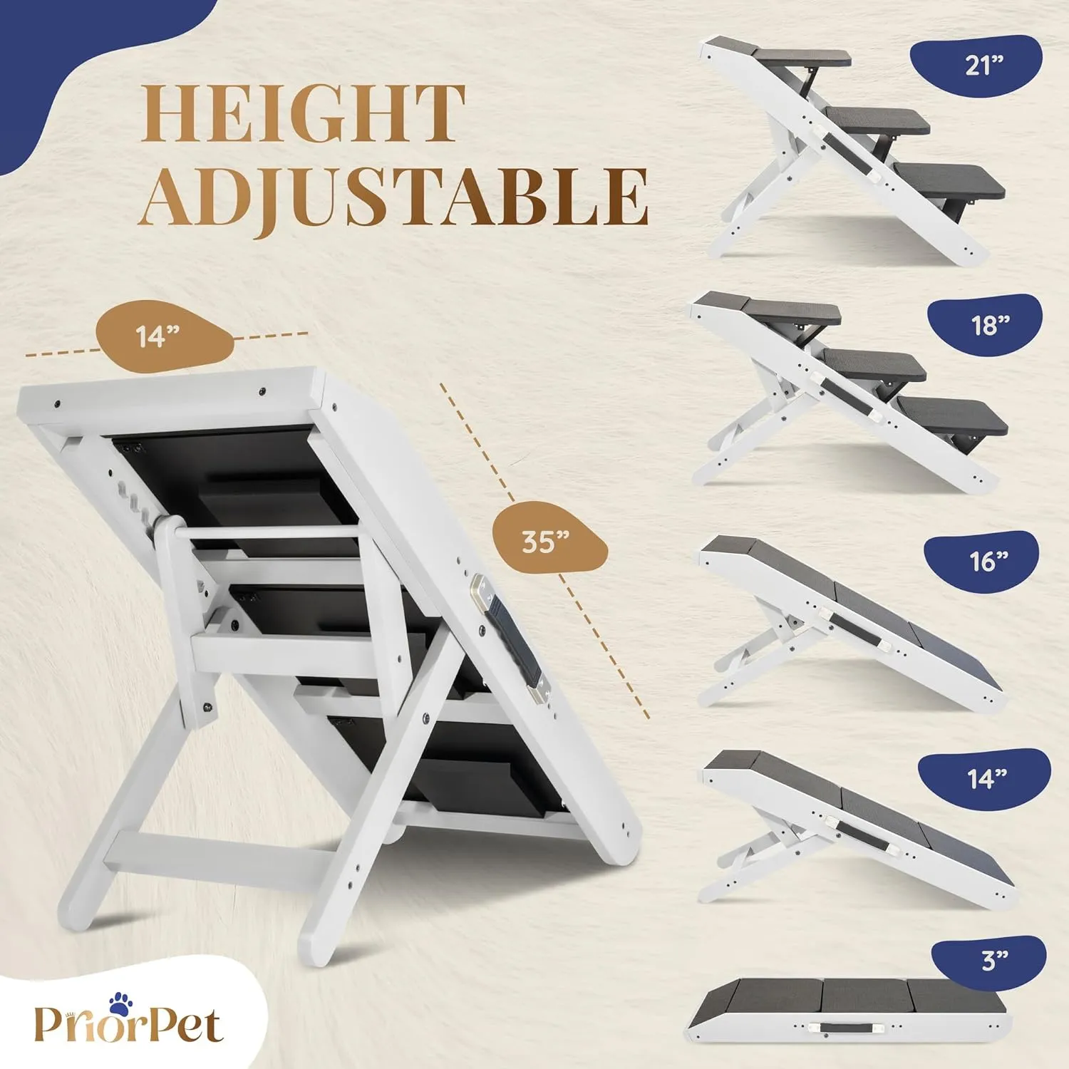 Dog Steps for Bed & Couch 2-in-1 Dog Stairs/Ramp - Height Adjustable Dog Ramp for Couch 7 - 20 - Pet Stairs, Dog Stairs for Small Dogs - Easy to Move Pet Steps with Landing Platform, White