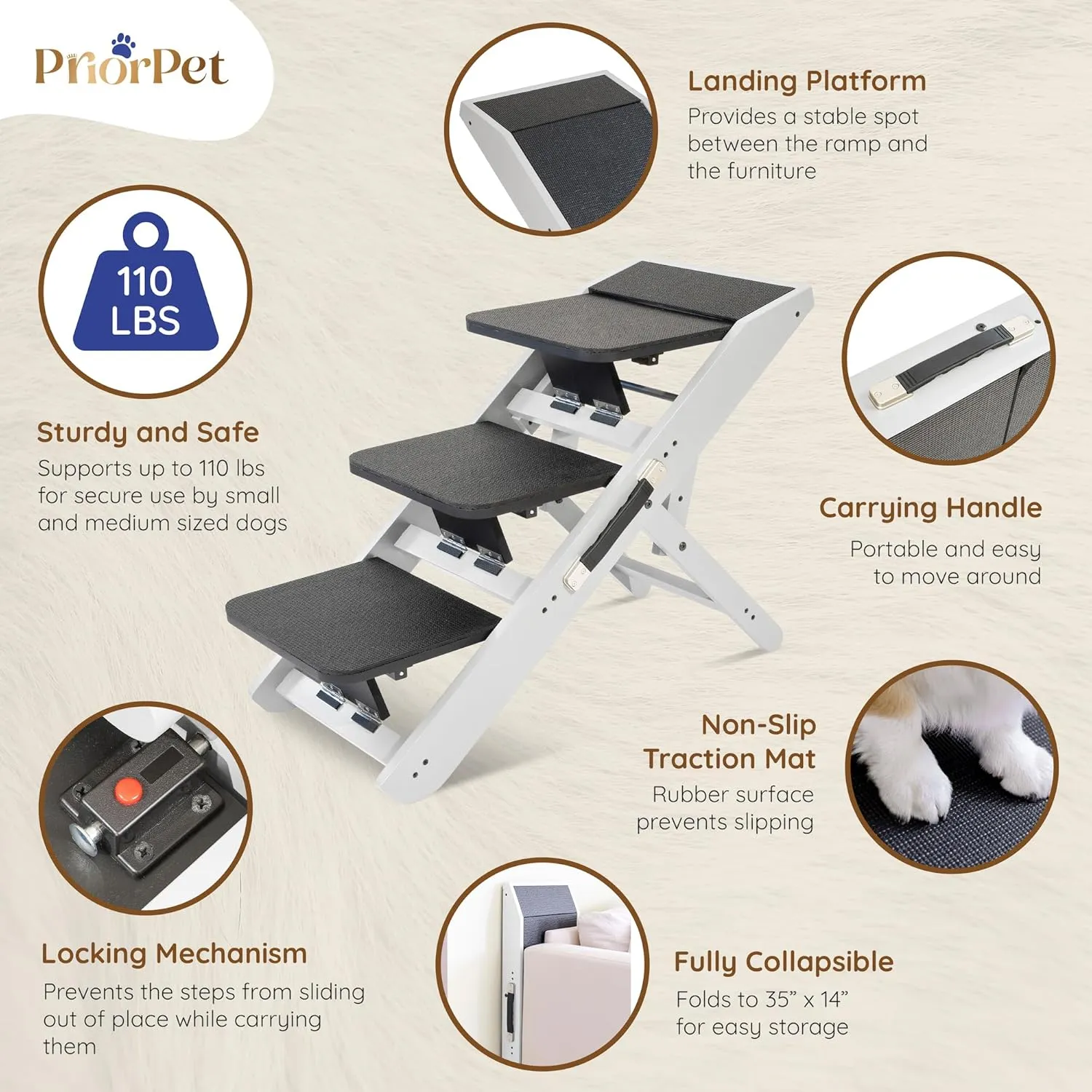 Dog Steps for Bed & Couch 2-in-1 Dog Stairs/Ramp - Height Adjustable Dog Ramp for Couch 7 - 20 - Pet Stairs, Dog Stairs for Small Dogs - Easy to Move Pet Steps with Landing Platform, White