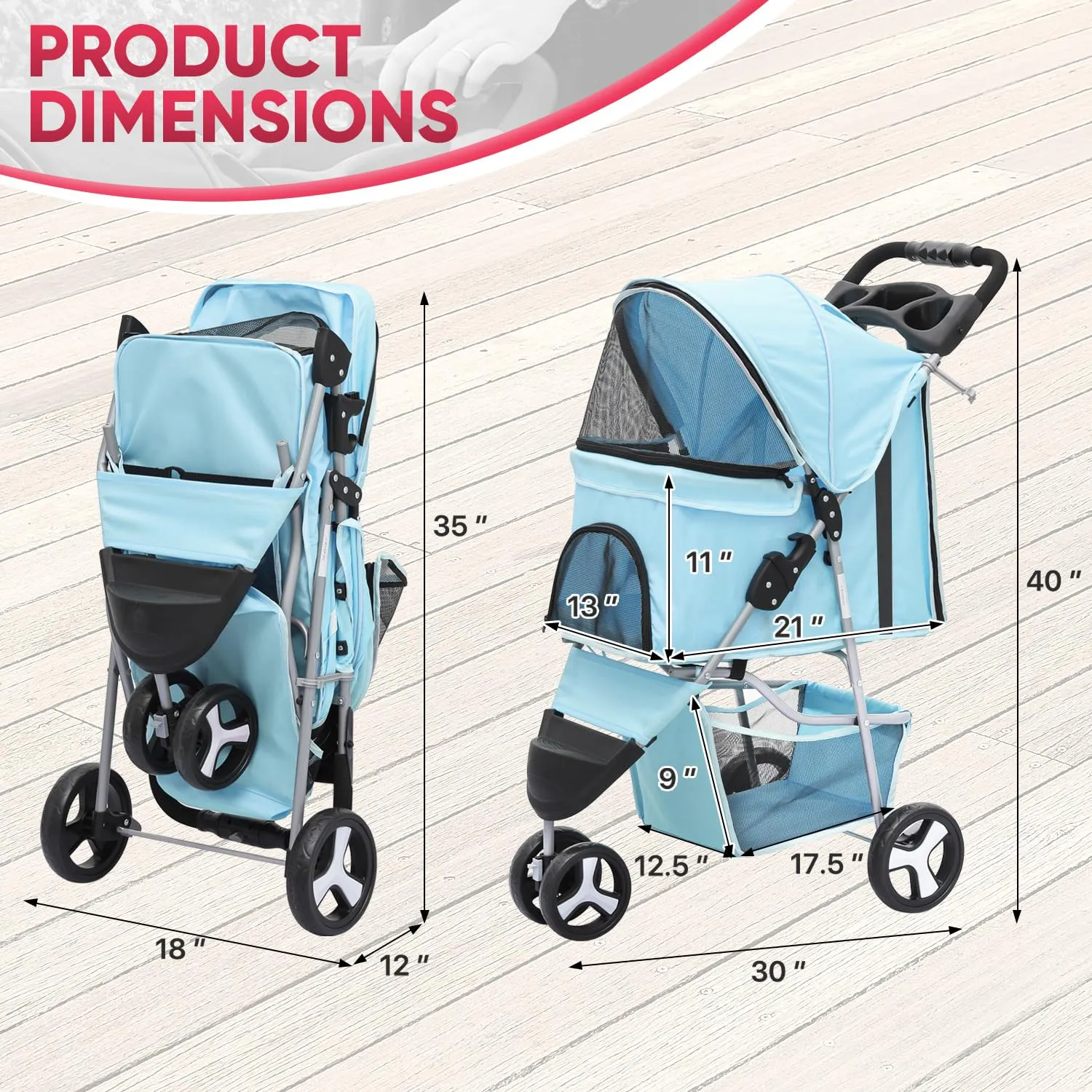 Dog Stroller - 3-Wheel Lightweight Foldable Design with Breathable Mesh, Cup Holders & Undercarriage Storage, CAAP-DGS-A78-MG