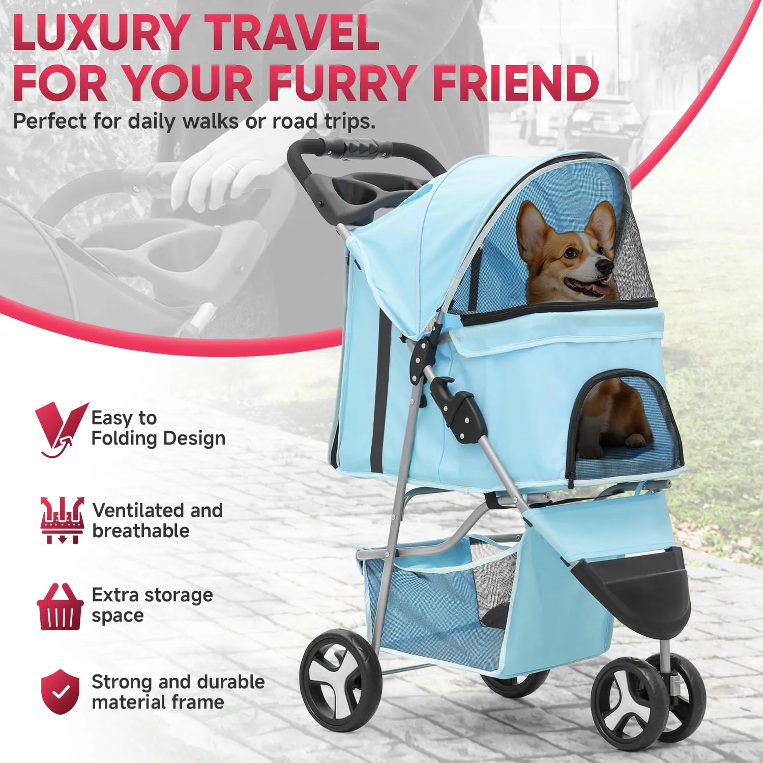 Dog Stroller - 3-Wheel Lightweight Foldable Design with Breathable Mesh, Cup Holders & Undercarriage Storage, CAAP-DGS-A78-MG