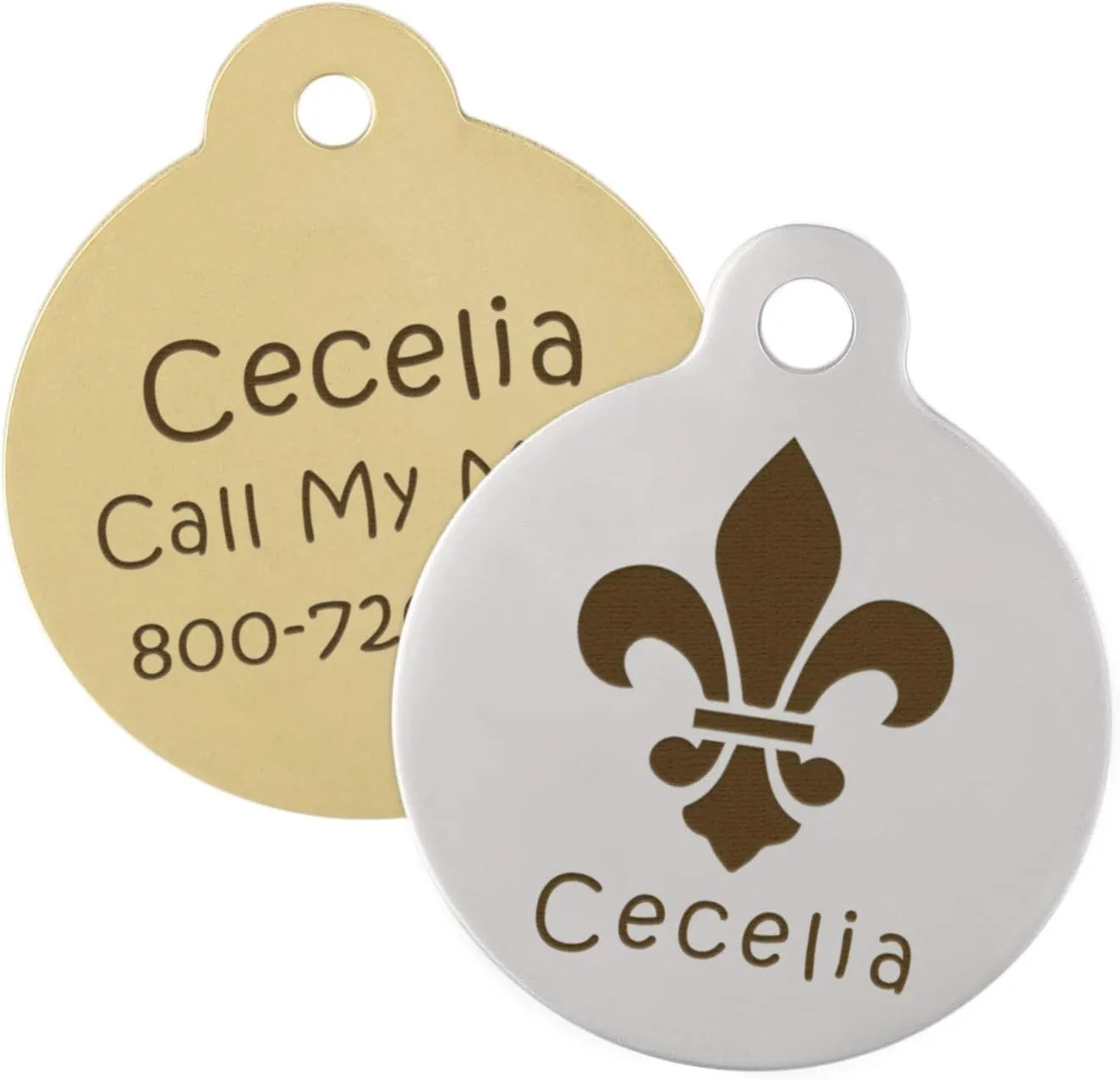 DogIDs Personalized Fleur De Lis Design Circle Shaped Dog Identification Tag, Custom Laser Engraved Double Sided ID Tag with S-Hook and Split Ring - Brass, Small, 1 in