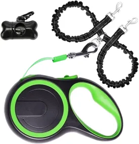 Dual Retractable Dog Leash for 2 Dogs (Green) - 16ft Heavy Duty Leash with One Button Lock & 360 Tangle-Free Design, for Medium/Large Dogs up to 110lbs/50kg