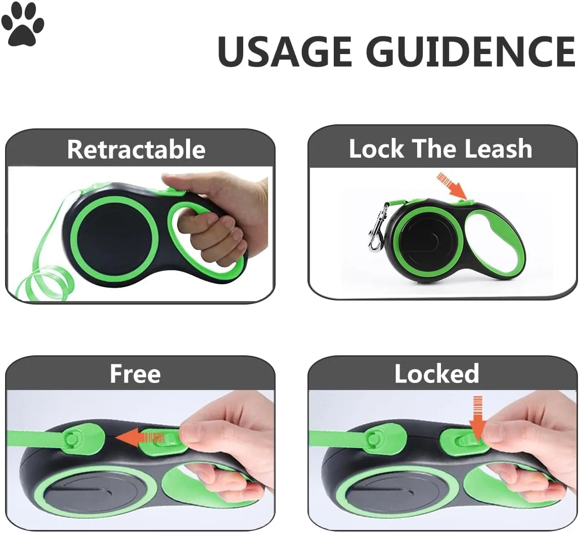 Dual Retractable Dog Leash for 2 Dogs (Green) - 16ft Heavy Duty Leash with One Button Lock & 360 Tangle-Free Design, for Medium/Large Dogs up to 110lbs/50kg