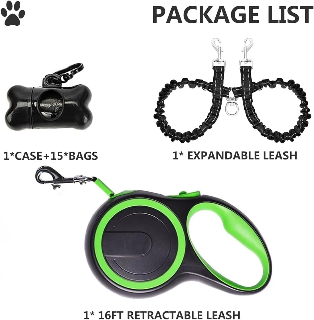 Dual Retractable Dog Leash for 2 Dogs (Green) - 16ft Heavy Duty Leash with One Button Lock & 360 Tangle-Free Design, for Medium/Large Dogs up to 110lbs/50kg