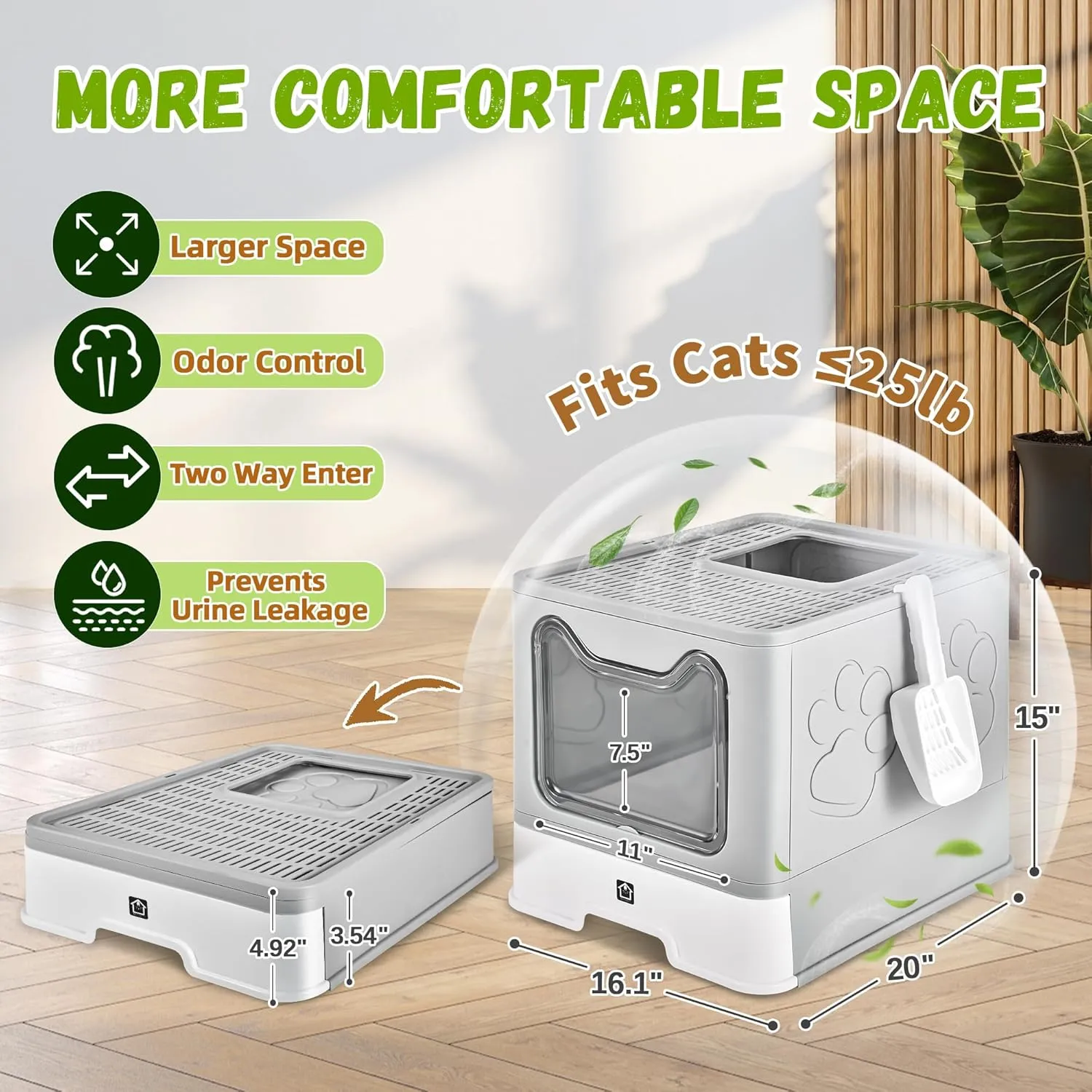 Enclosed Cat Litter Box with Lid Foldable Potty,Drawer Type Extra Large Cover Litter Box with Mat, Kitty Free in and Out/One-Way,Odor Control Anti-Splashing Easy Cleaning (Light Grey)