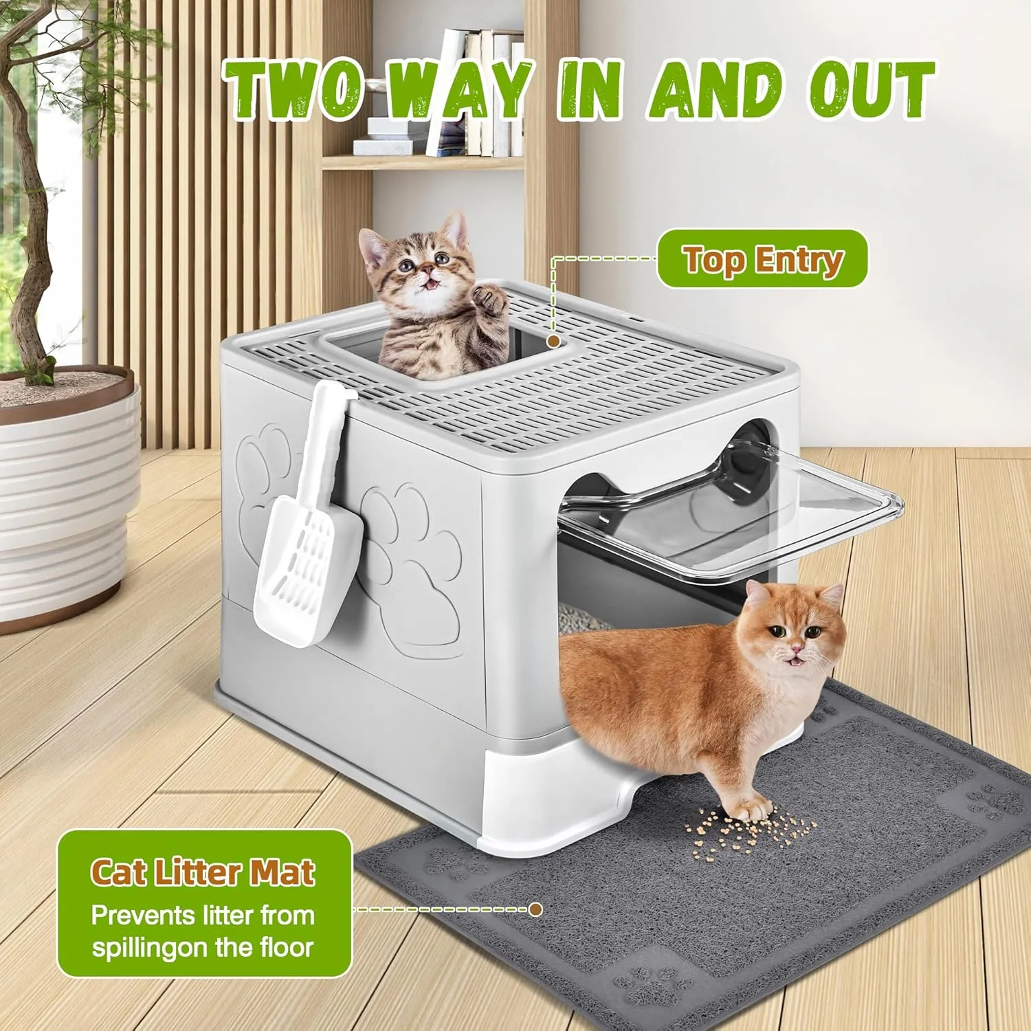 Enclosed Cat Litter Box with Lid Foldable Potty,Drawer Type Extra Large Cover Litter Box with Mat, Kitty Free in and Out/One-Way,Odor Control Anti-Splashing Easy Cleaning (Light Grey)