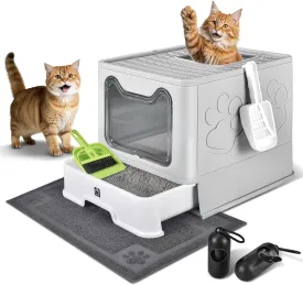 Enclosed Cat Litter Box with Lid Foldable Potty,Drawer Type Extra Large Cover Litter Box with Mat, Kitty Free in and Out/One-Way,Odor Control Anti-Splashing Easy Cleaning (Light Grey)
