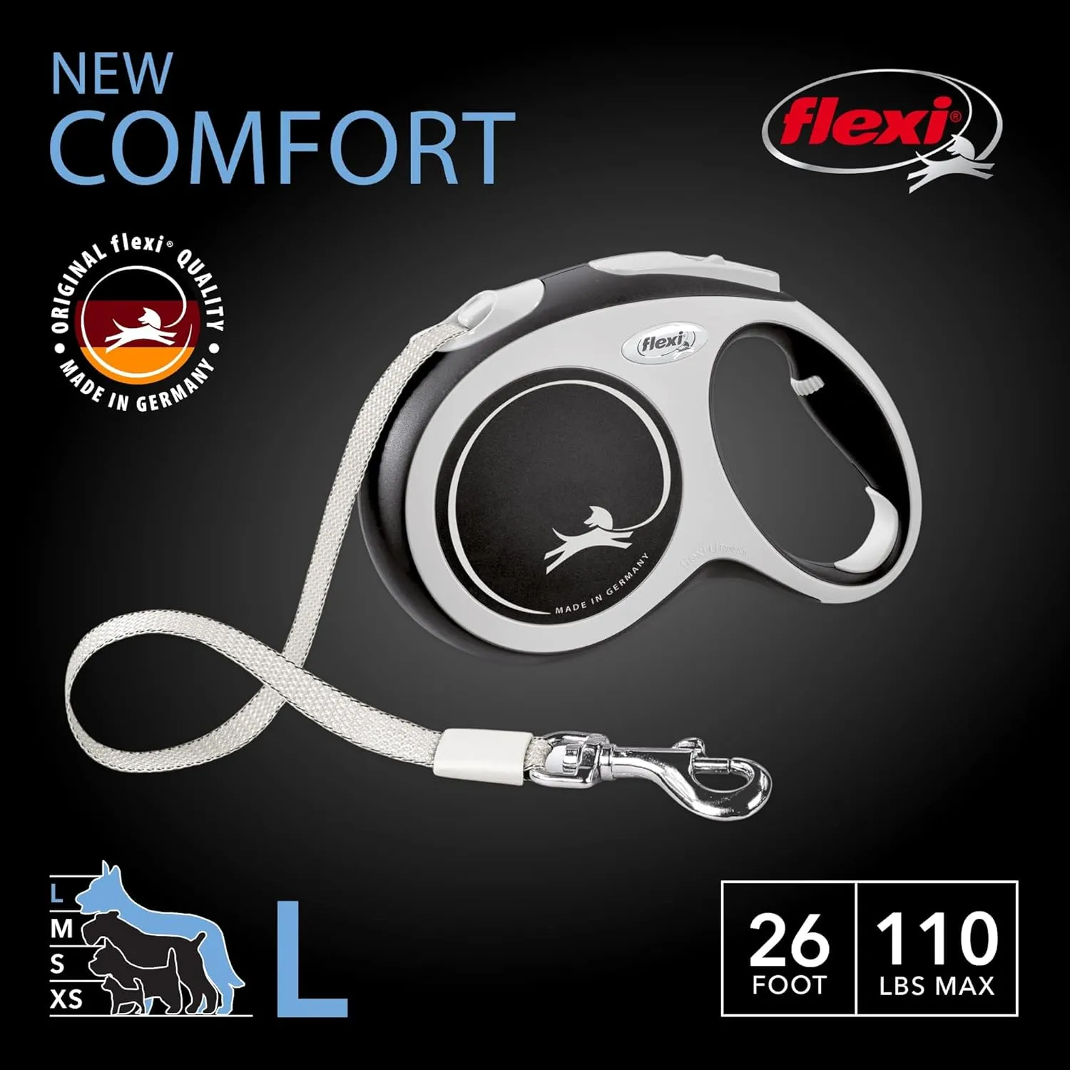 FLEXI New Comfort Tape Retractable Dog Leash for Large Dogs Upto 110 lbs.  26 ft., Nylon, Grey/Black| Tangle Free Pet Walking Leash with One-Handed Brake, Pause, Lock |German Quality Product