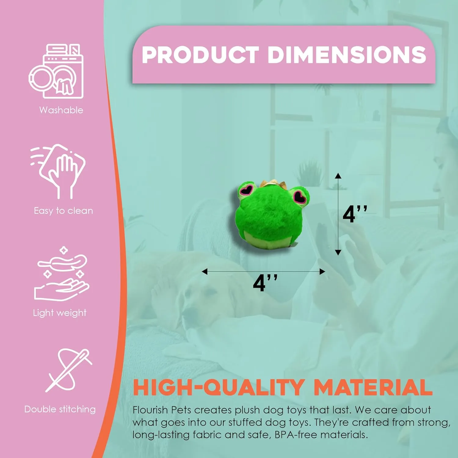 Flourish Pets 2 in 1 Multi-Layer Chew Toy for Active Dogs | Non-Toxic BPA Free Double Stitched Soft Fabric Exterior Dog Toys | Long-Lasting Dog Plush Toys  Love Frog 3.5"