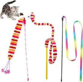 KABASI Cat Wand Rainbow Toy, 3 Styles Funny Interactive Cat Toys, Cuddly Stuffed Snake Toy on Stick with Bell, Colorful Sounding Toys, Rainbow Ribbon Wand for Kittens Training