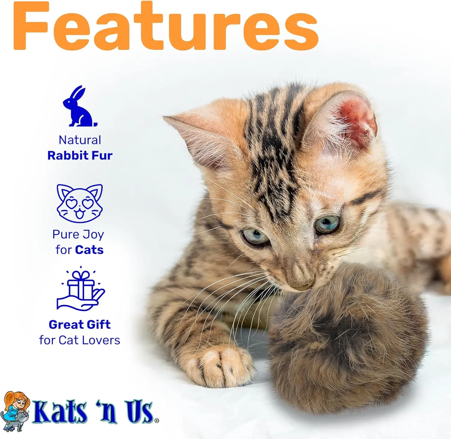 Kats'N Us Jumbo Pom Pom Cat Toy 5-Pack  Natural Color - Real Rabbit Fur for Interactive Play, Training, and Indoor Fun.