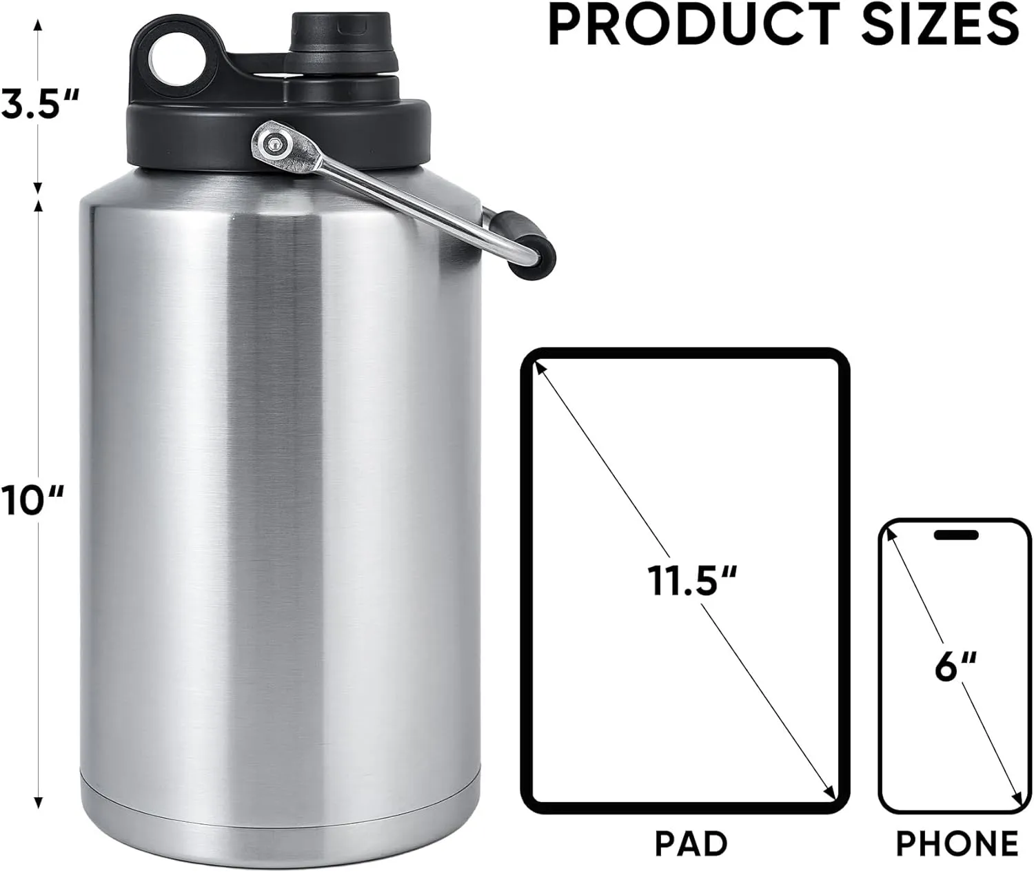 Kerilyn Insulated Gallon Jug with Handle, One Gallon, 128oz Stainless Steel, Large Double Vacuum Water Bottle for Hot & Cold Drinks, Wide Mouth, Sweat Proof, Great for Travel, Camping, Stainless