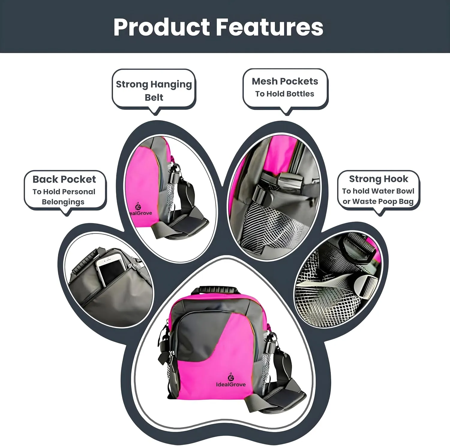 Large Dog Treat Pouch for Training with Zipper Closure, Portable Crossbody Bag, Poop Bag Dispenser, Poop Bag Roll, Collapsible Bowl, Water Bottle -4-Way Wear with Adjustable Strap-Pink