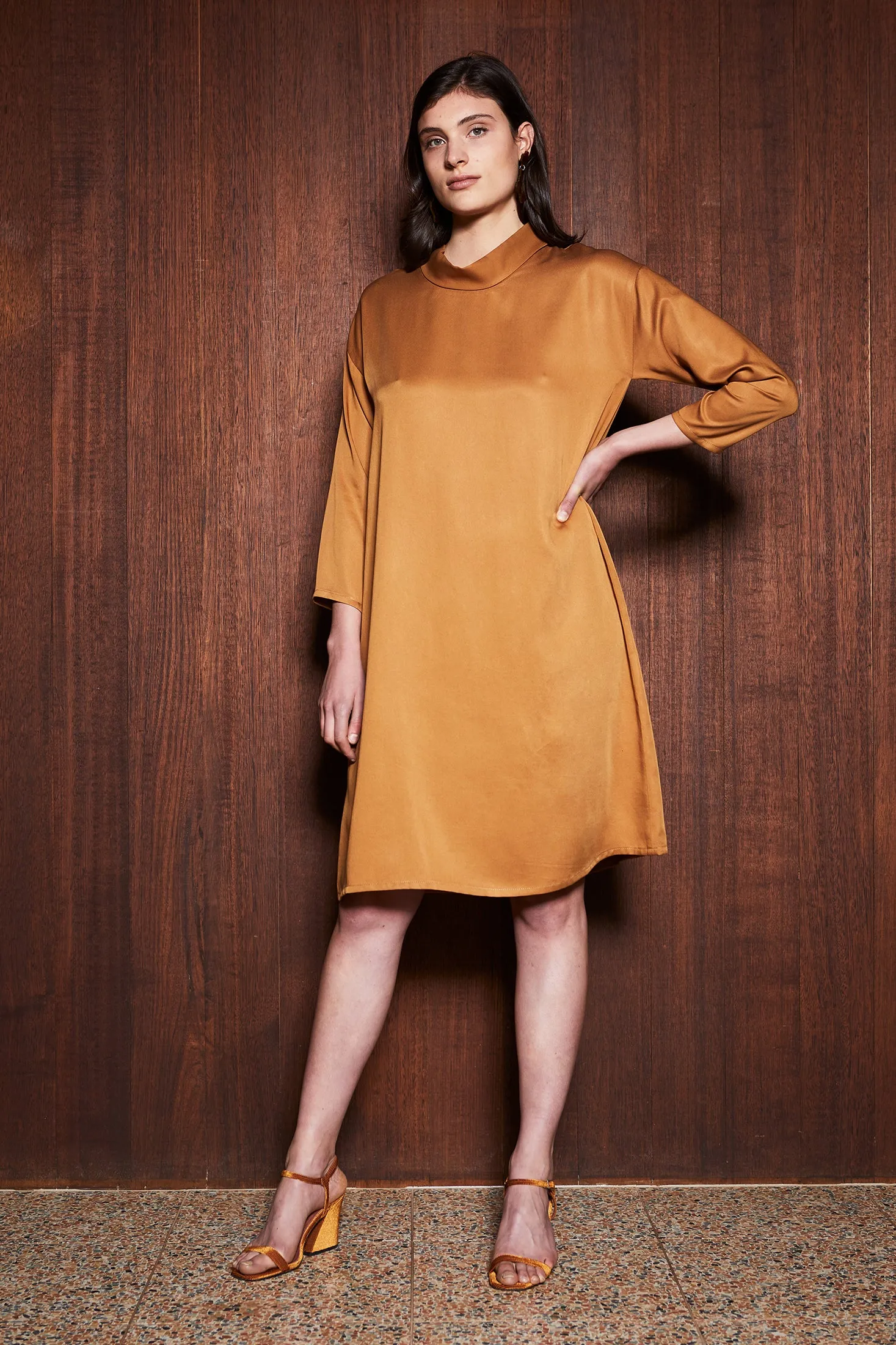 LEAF LITTER DRESS [ Mustard Orange Tencel, Long Sleeves, Roll Neck ]