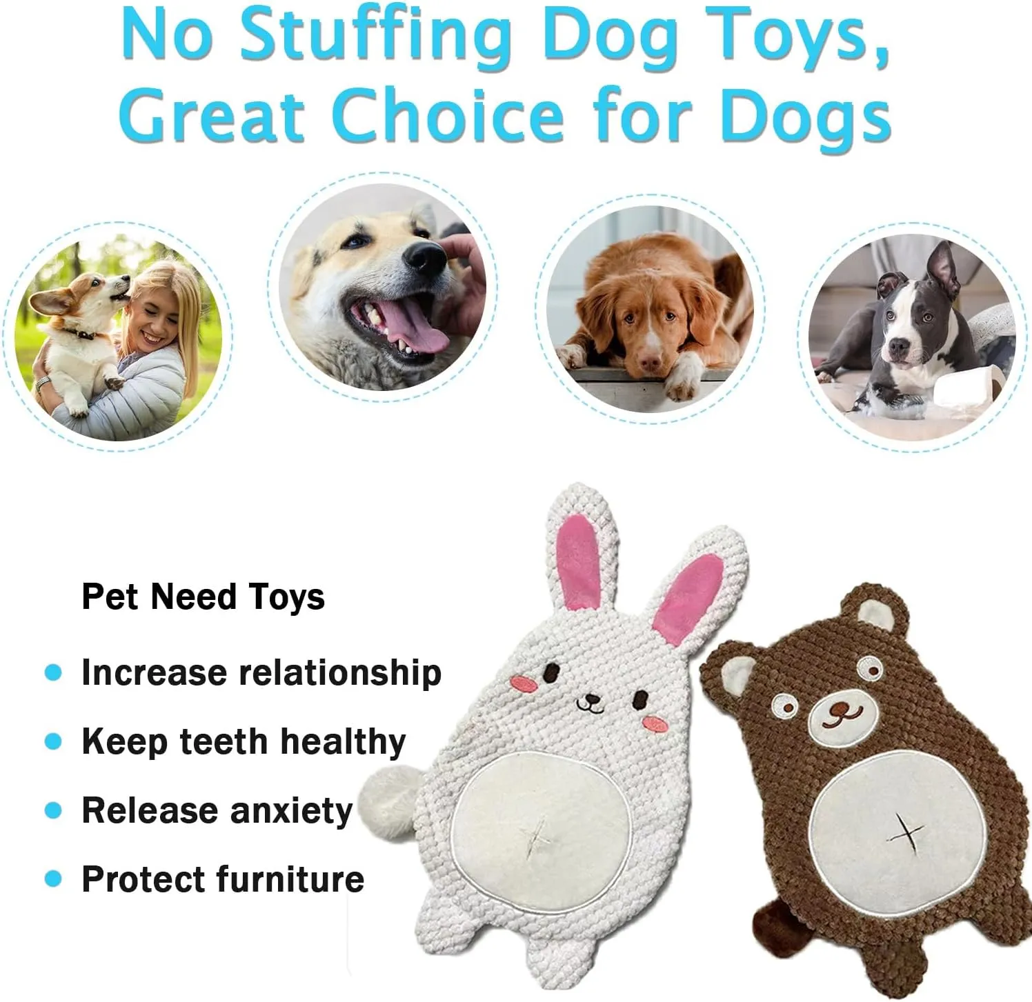 LWBMG Squeaky Dog Toys 2 Pack - Crinkle Pet Toys for Boredom & Teething Puppy Snuffle Toy Rabbit & Bear