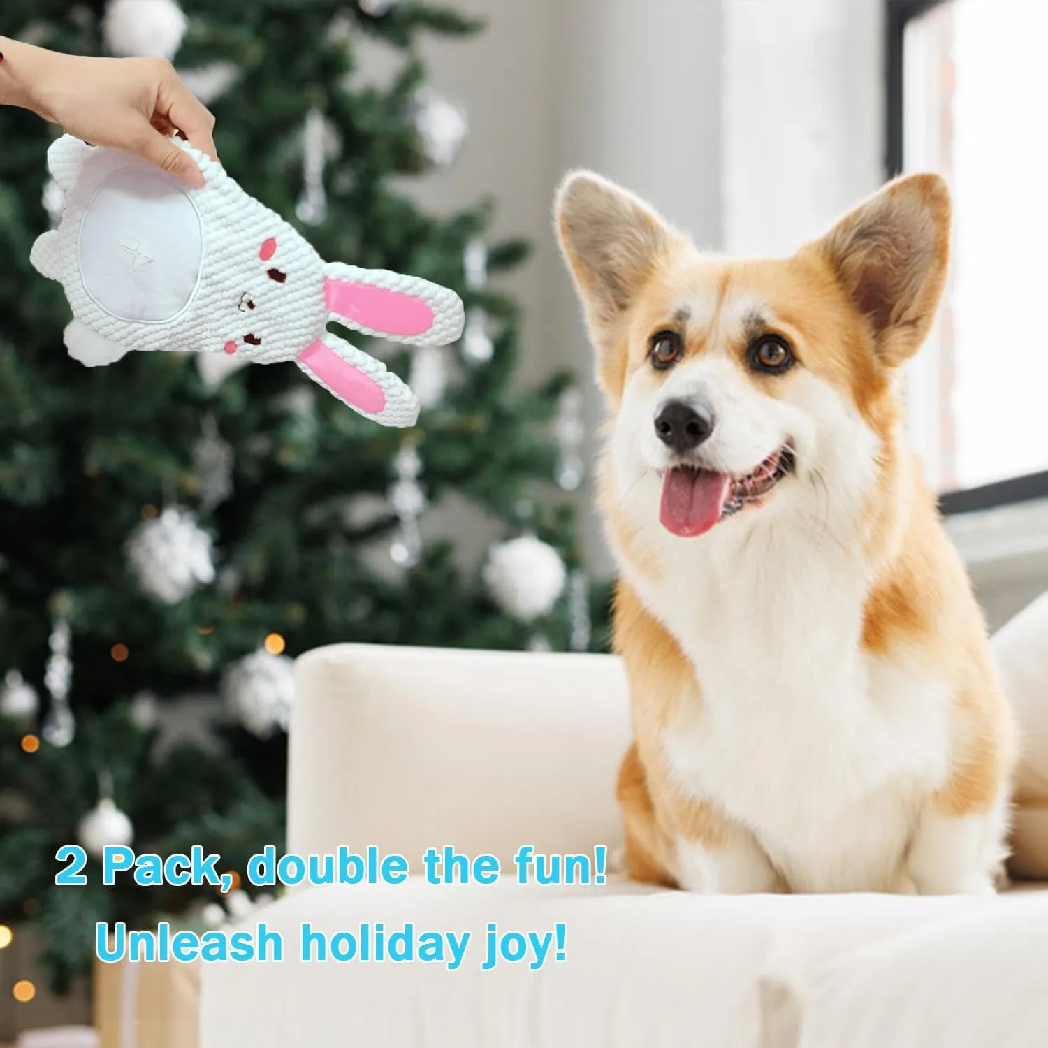 LWBMG Squeaky Dog Toys 2 Pack - Crinkle Pet Toys for Boredom & Teething Puppy Snuffle Toy Rabbit & Bear