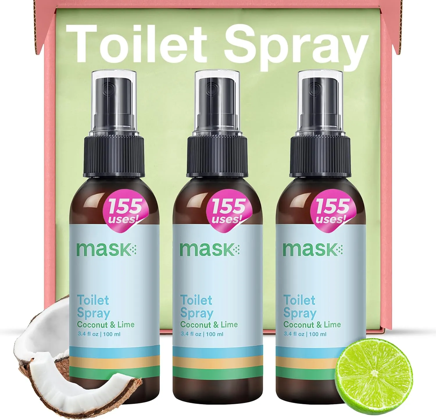 Mask - Toilet Odor Eliminator Spray, Non-Aerosol Odor Neutralizer Spray, Spritz-Before-You-Sit Travel - Traps Odors Before You Go, 2 oz, Coconut & Lime Scent, Pack of 3