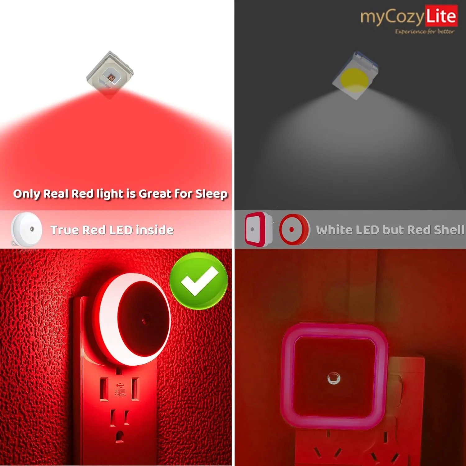 myCozyLite Red Light Night Light, 2 Pack Night Lights Plug into Wall, Dusk to Dawn Sensor, Light for Sleep, Red Light Nightlight for Bedroom, Bathroom, Kids Room, Kitchen, Hallway, Stairway, Round