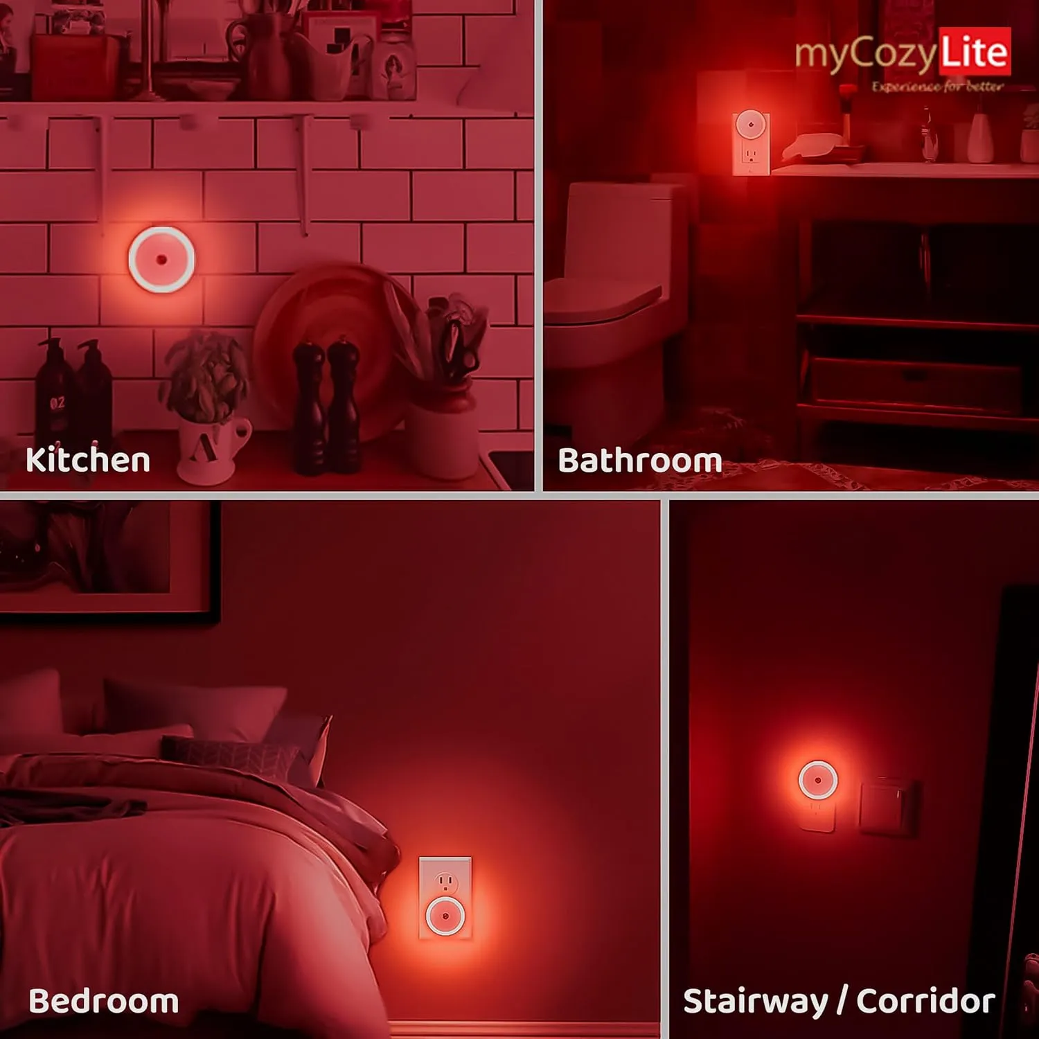 myCozyLite Red Light Night Light, 2 Pack Night Lights Plug into Wall, Dusk to Dawn Sensor, Light for Sleep, Red Light Nightlight for Bedroom, Bathroom, Kids Room, Kitchen, Hallway, Stairway, Round