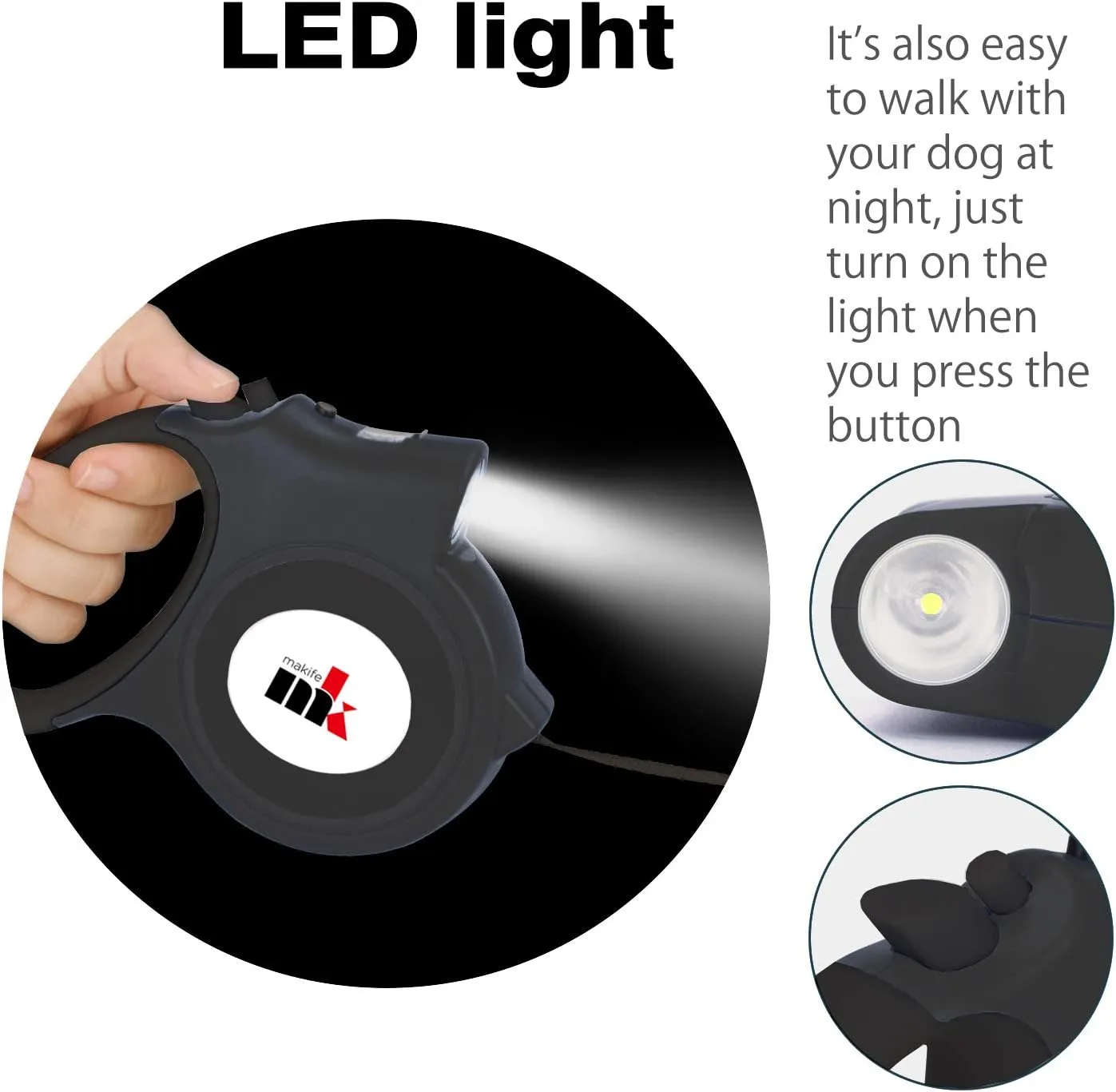 Retractable Dog Leash with LED Light Makife 5m Extendable Dog Lead for Small Medium Puppis up to 25kgs, One-Hand Brake & Lock System, Ergonomic Handle - Black