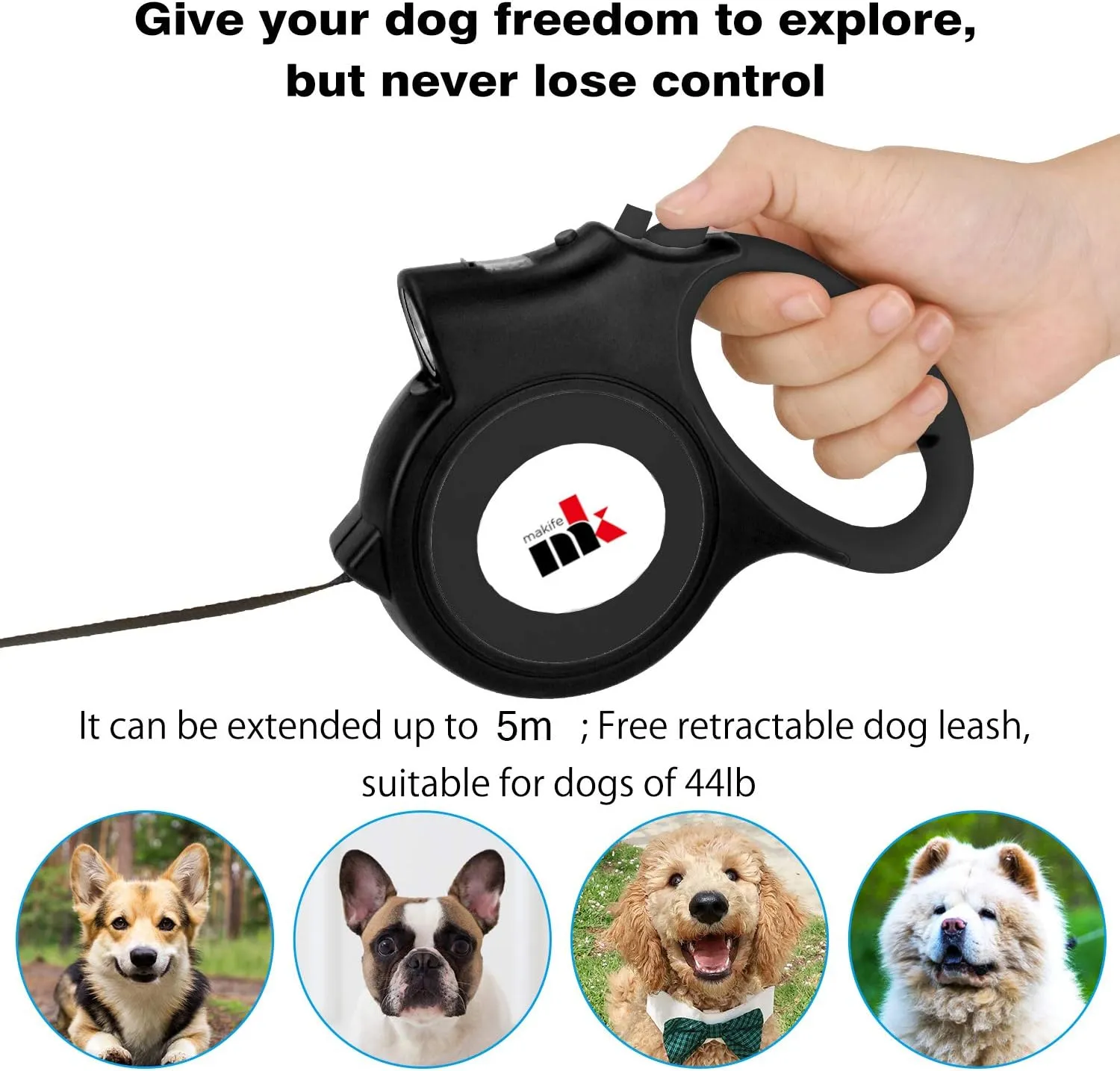 Retractable Dog Leash with LED Light Makife 5m Extendable Dog Lead for Small Medium Puppis up to 25kgs, One-Hand Brake & Lock System, Ergonomic Handle - Black