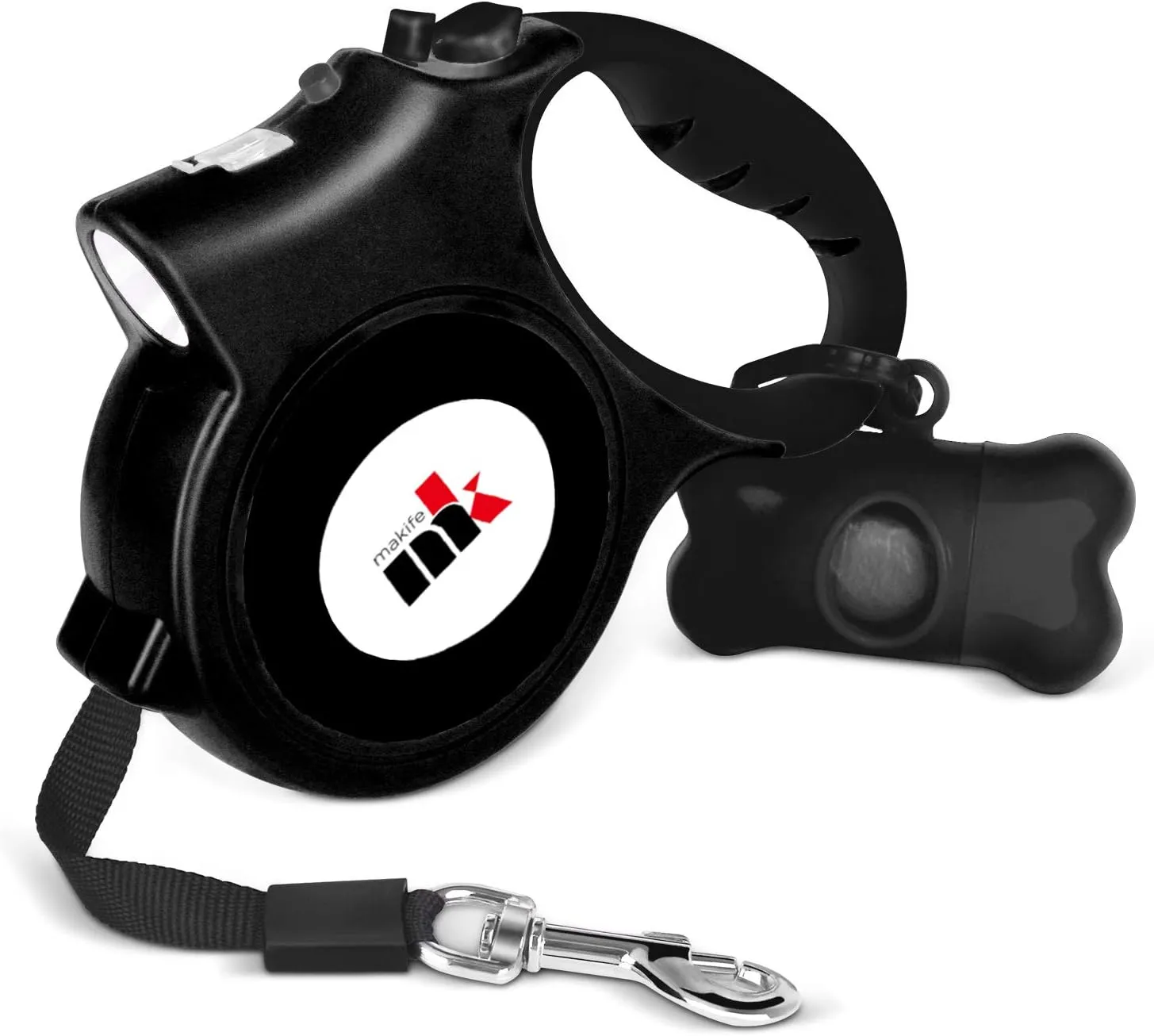 Retractable Dog Leash with LED Light Makife 5m Extendable Dog Lead for Small Medium Puppis up to 25kgs, One-Hand Brake & Lock System, Ergonomic Handle - Black