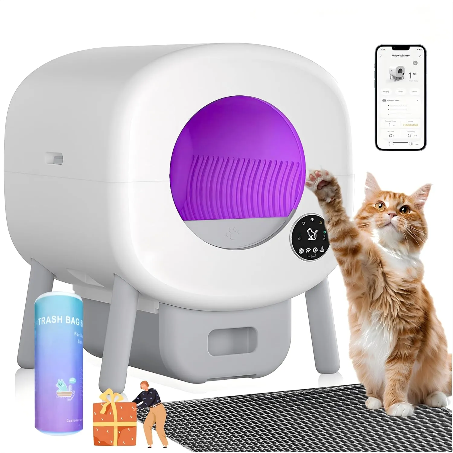 Self Cleaning Cat Litter Box Double Safety Protection,100L Automatic Litter Box-Robot for Multiple Cats,Large Electric Self-Cleaning Box,APP Control,Odor-Free,Liner&Litter Mat&Deodorizing Box